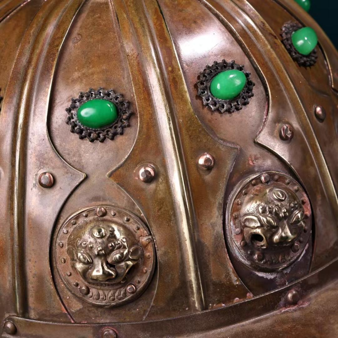 中国古美術 金属製ヘルメット 純銅製 純手作り 極細工 鏨刻 旧家蔵出