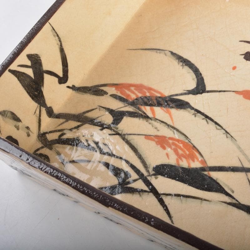 大東製陶 色絵草鳥文 四方鉢 共布 時代箱付 C 6677