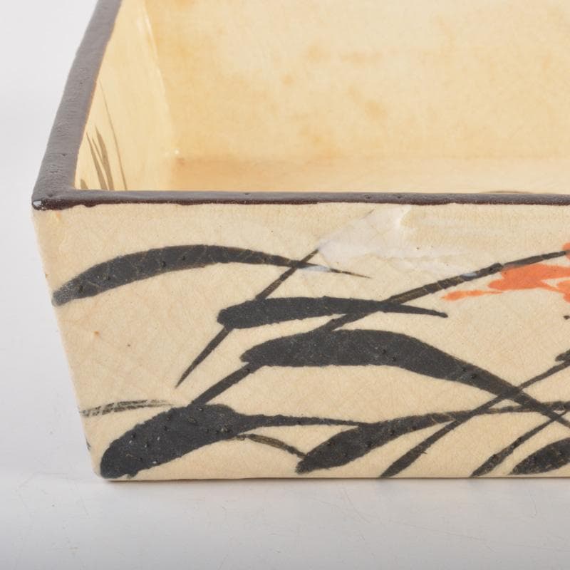 大東製陶 色絵草鳥文 四方鉢 共布 時代箱付 C 6677