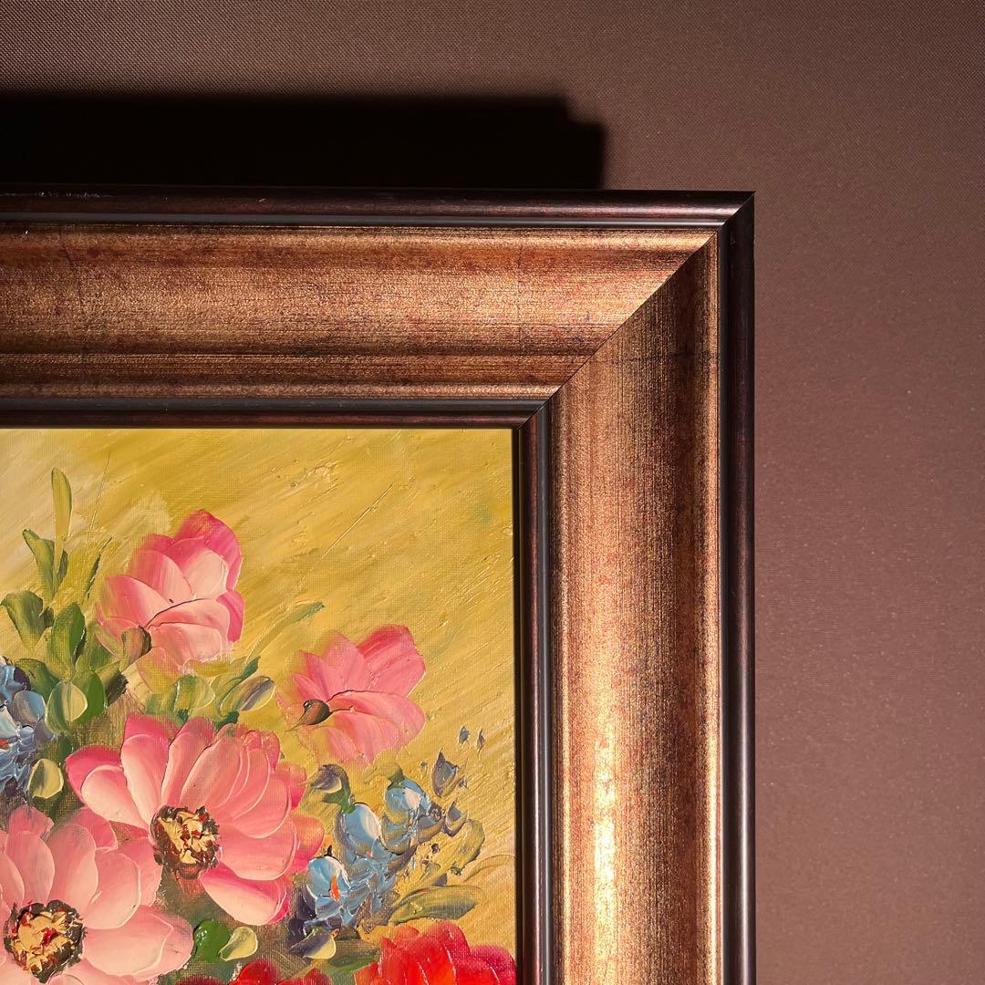 大）手描き油絵 3枚組 花瓶の花 額付 額付き 絵画 インテリア 油彩