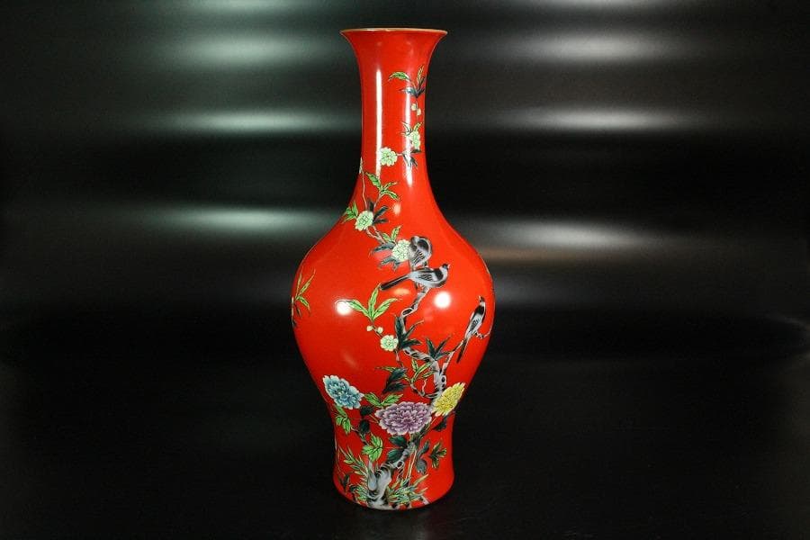 中国美術 珊瑚釉 花鳥 瓶 高34cm 雍正年製(K-LC201)