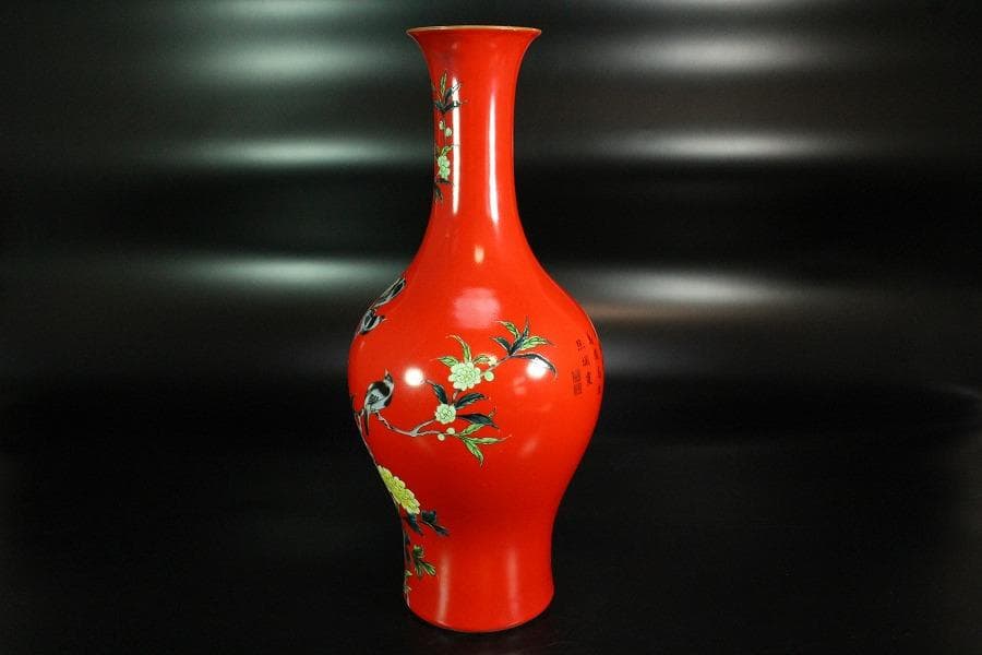 中国美術 珊瑚釉 花鳥 瓶 高34cm 雍正年製(K-LC201)