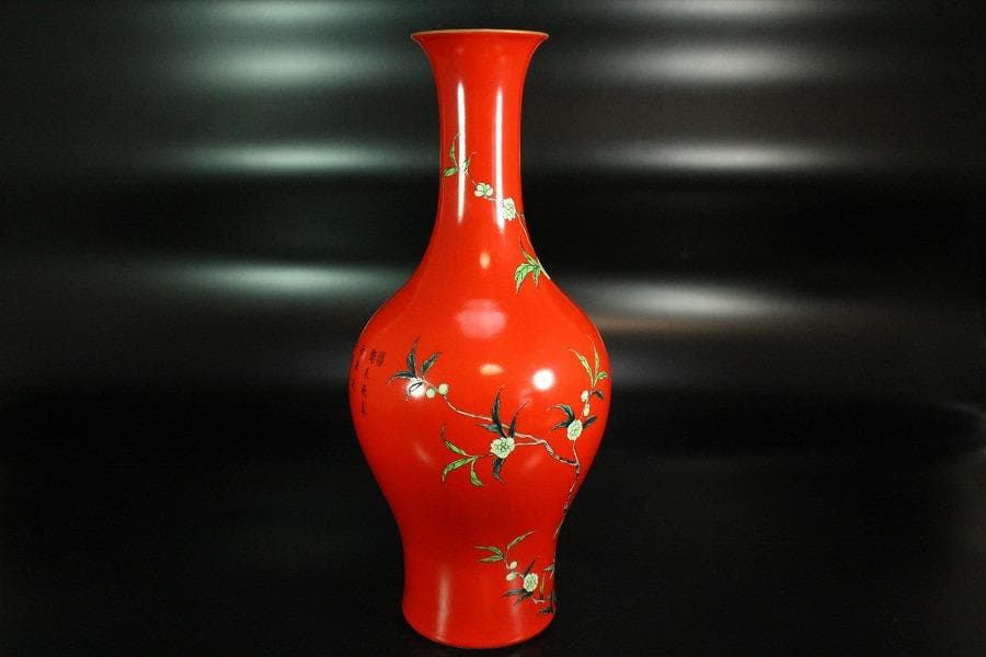 中国美術 珊瑚釉 花鳥 瓶 高34cm 雍正年製(K-LC201)