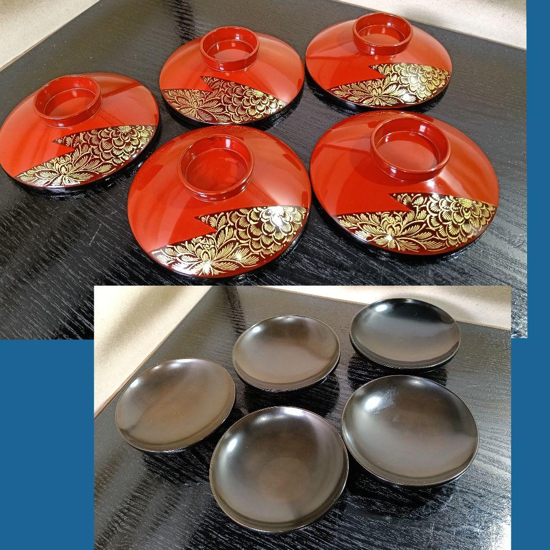 AN59 吸物椀 沈金蒔絵 高台 蓋付椀 木製朱漆器 五客 木箱