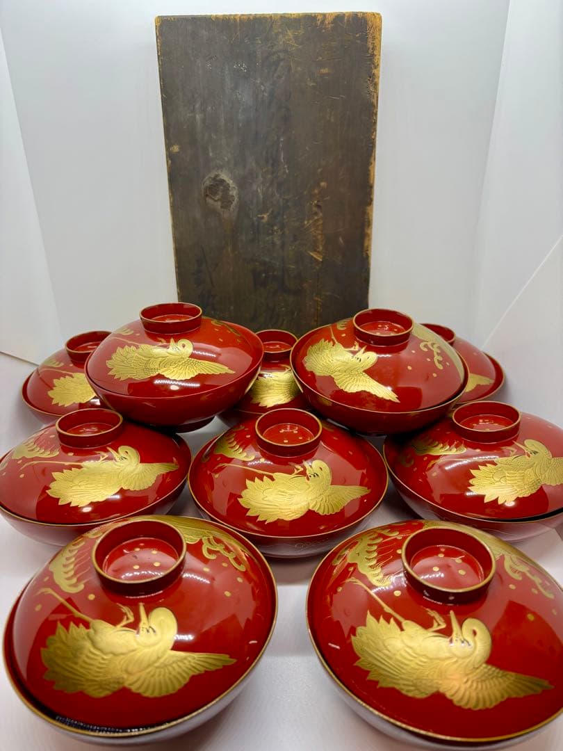 大正時代 輪島金鶴模様吸物椀 蓋付き10客セット