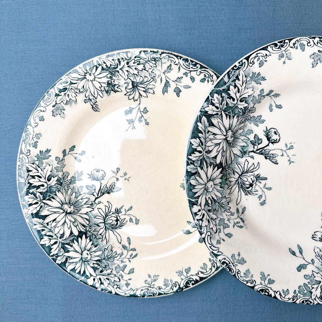 フランス アンティーク GIEN ジアン 秋の花 デザートプレート 青