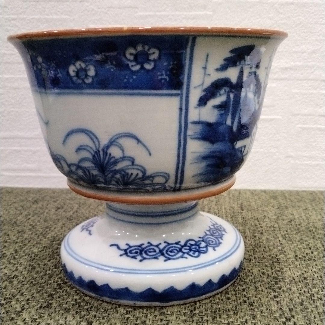 Ⅿ260-4 江戸時代 古伊万里 染付山水花弦文盃洗