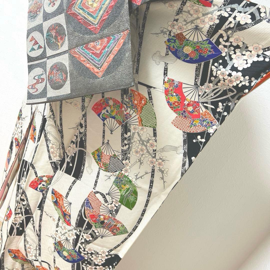 462 振袖フルセット 正絹 白 オフホワイト 小紋 扇面 梅 レトロ カラフル