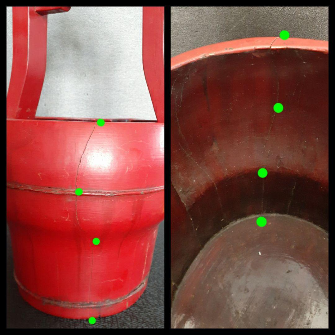 李朝漆器　朝鮮古民具　韓国古玩　朱漆塗り　手付き　透かし造　蝙蝠図　片口　手桶