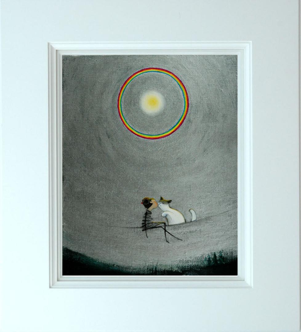 油絵 菅家令子 絵 絵画インテリア額付(淡い銀青緑) F3-031019猫女の子