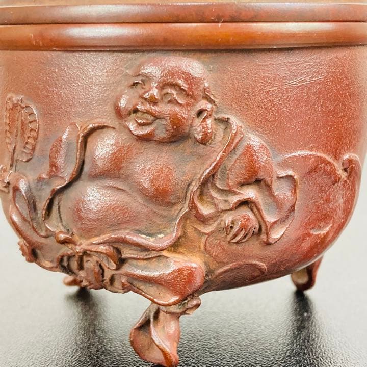 高岡銅器 香炉 名取川雅司作 布袋文 焼朱銅色