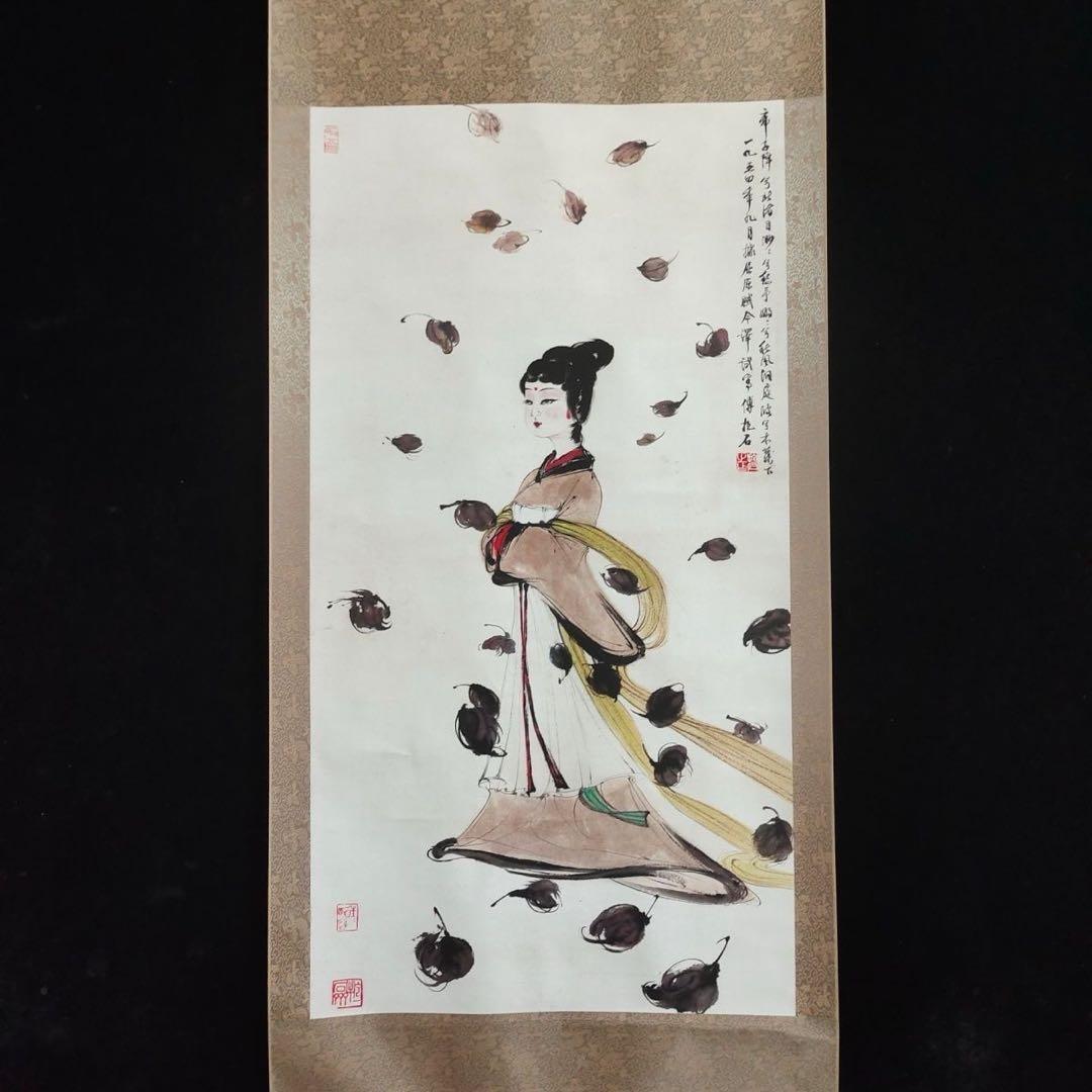 【掛軸 傅抱石風】美人図 中堂掛軸 逸品 168×70 装飾 アート インテリア