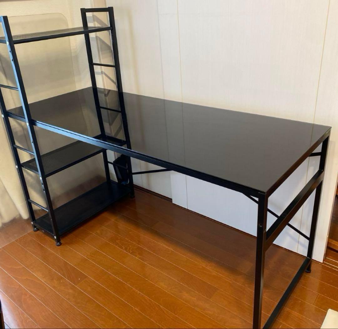 パソコンデスク 棚付き 収納ラック一体型 強化ガラス LOWYA