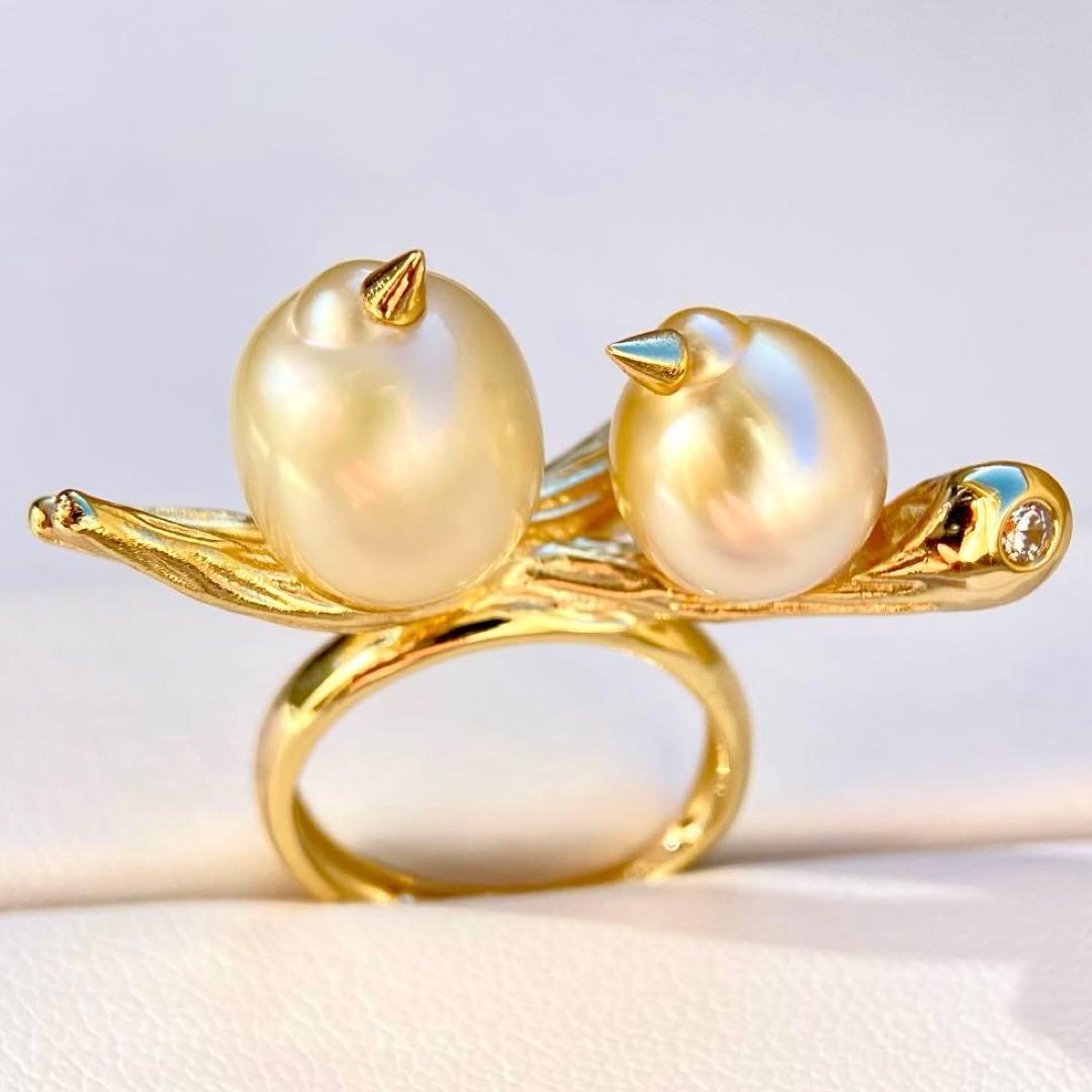 本真珠南洋白蝶真珠シャンパン&ゴールド「鳥と枝 」s925リングY1006
