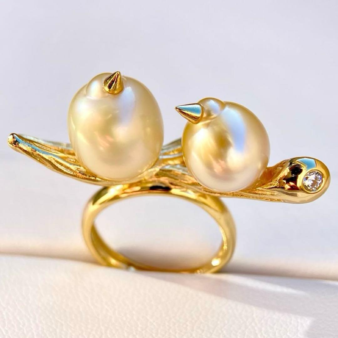 本真珠南洋白蝶真珠シャンパン&ゴールド「鳥と枝 」s925リングY1006
