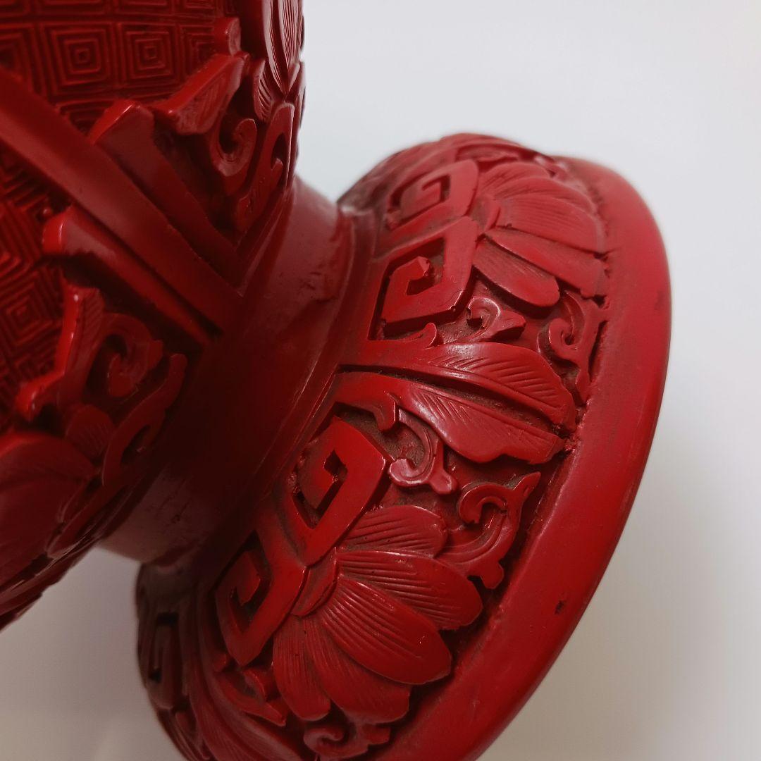 Y2551 中国 堆朱 6面花図 花瓶 高さ31.5㎝