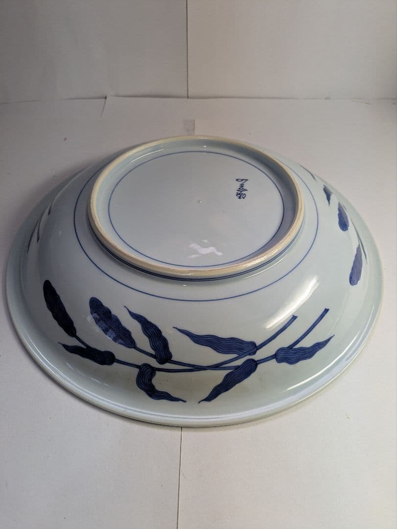 要さん専用　館林源右衛門窯、『染付粟鶉図大皿』、銘「源右衛門」有、皿立付、箱無