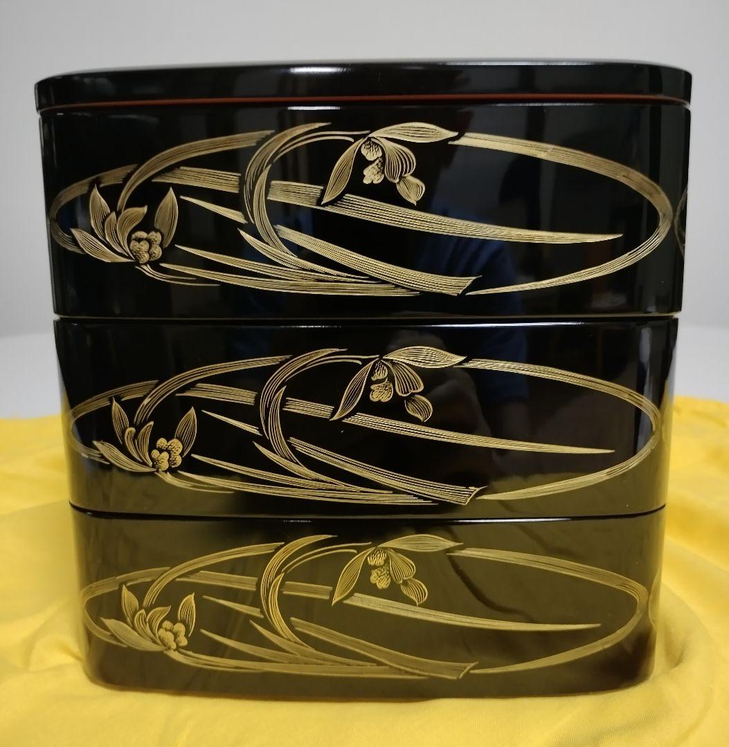 輪島塗　四君子沈金　胴張　三段重