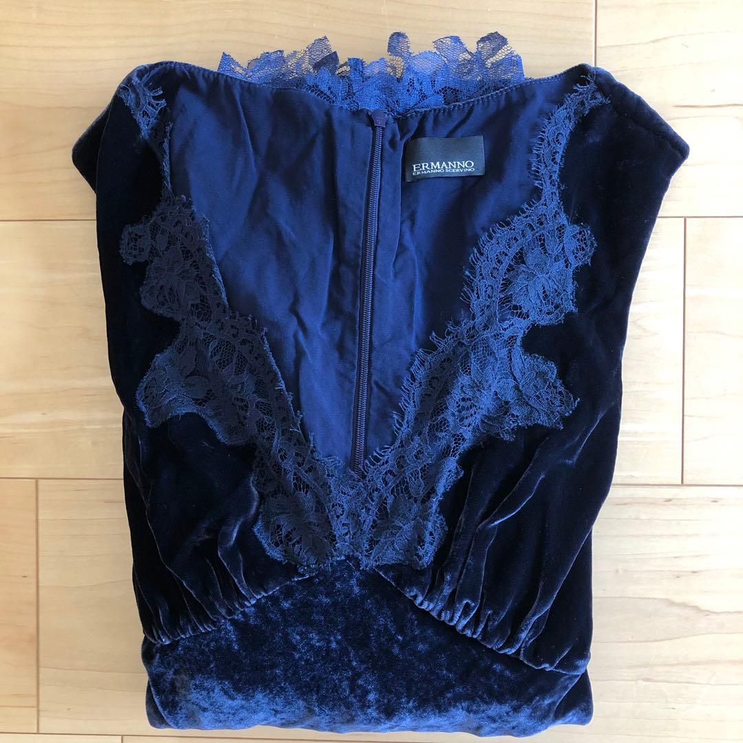 【エルマンノシェルヴィーノ】 ネイビー ロングドレス ベルベット