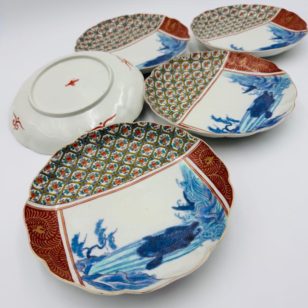 【時代　伊万里焼　滝に鯉　絵付皿　五客】骨董　アンティーク　インテリア 時代伊万里焼滝に鯉絵付皿五客】骨董アンティークインテリア