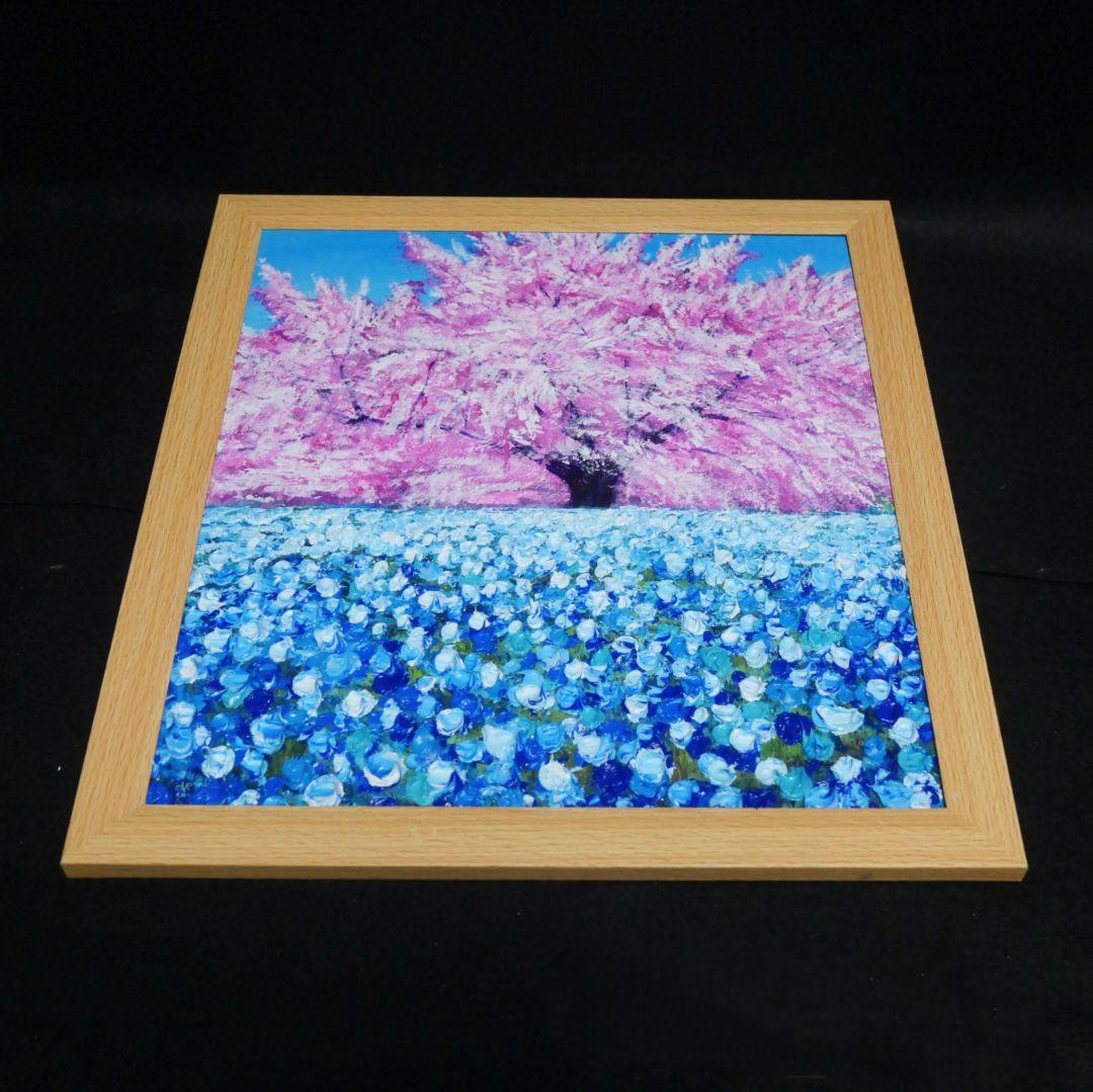 油絵 油彩 油彩画 絵 絵画【桜とネモフィラ】