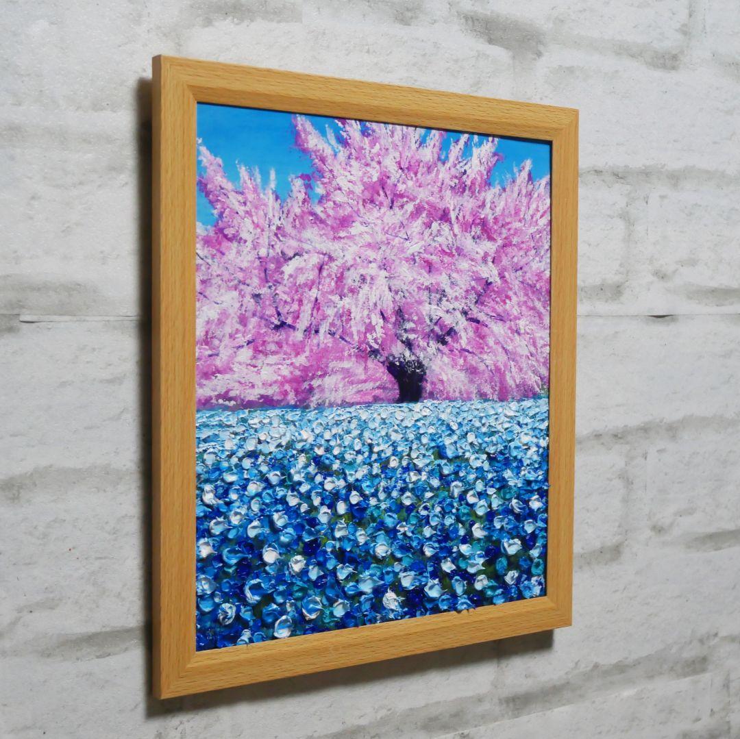 油絵 油彩 油彩画 絵 絵画【桜とネモフィラ】