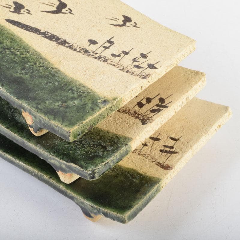 北大路魯山人作 織部焼 青織部 鳥文 四方皿 五客 時代箱 M