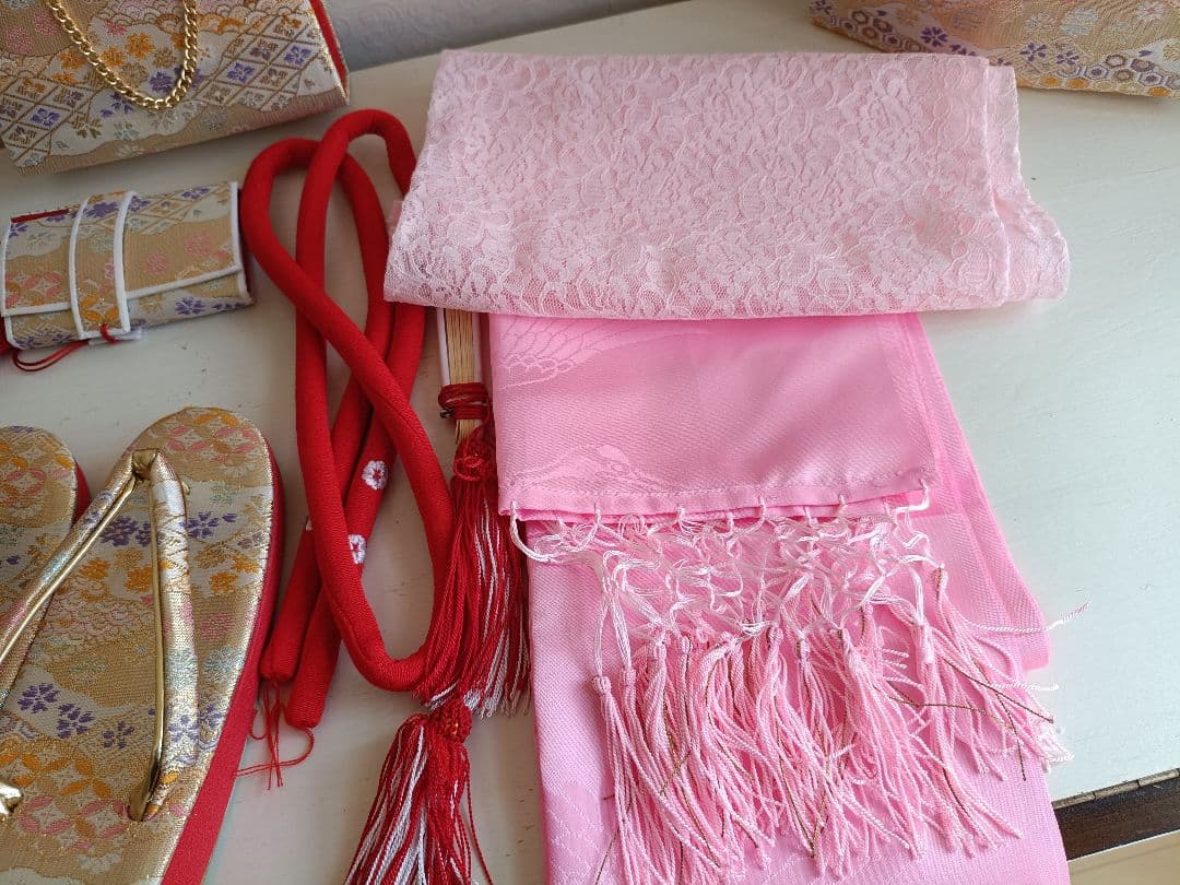 ミントグリーンの着物に白の作り帯セット☆七五三７歳　ハーフ成人式