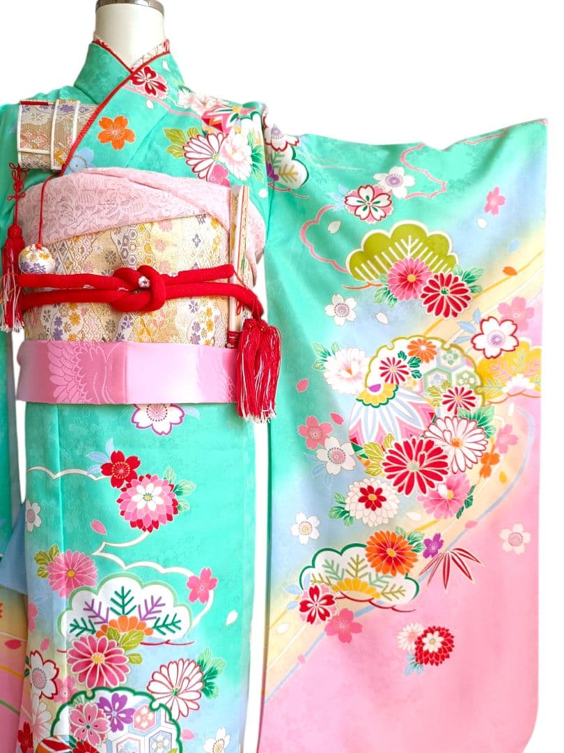 ミントグリーンの着物に白の作り帯セット☆七五三７歳　ハーフ成人式