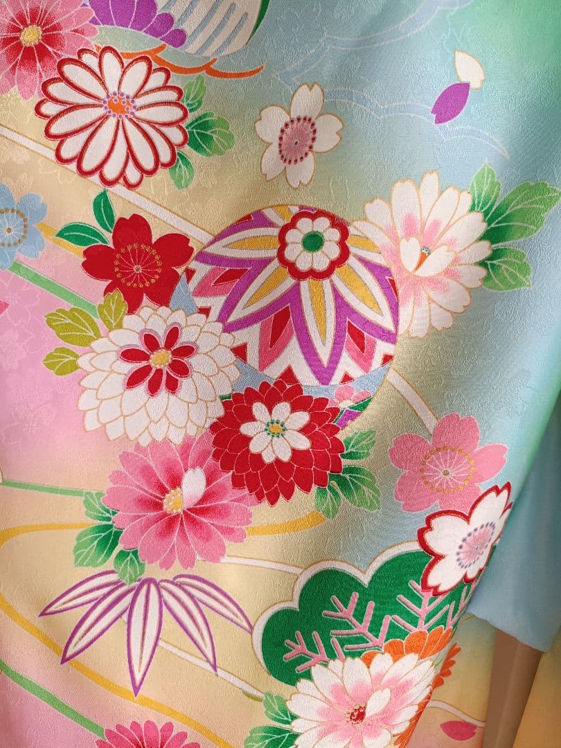 ミントグリーンの着物に白の作り帯セット☆七五三７歳　ハーフ成人式