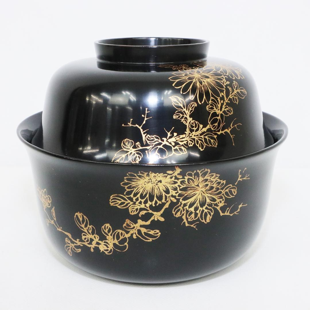 花柄金箔装飾 蓋付き椀 木曽 漆器 漆塗 金箔装飾の茶碗5個セット 金箔