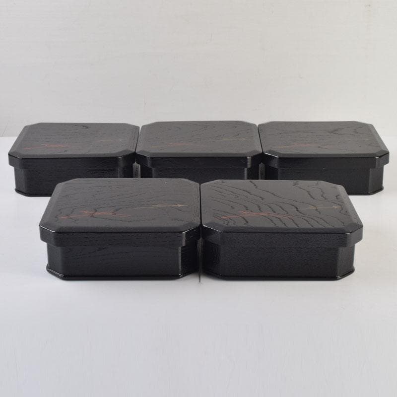 和食器　黒漆　松葉蒔絵　柿合　折曲重箱　5点　C　8625A