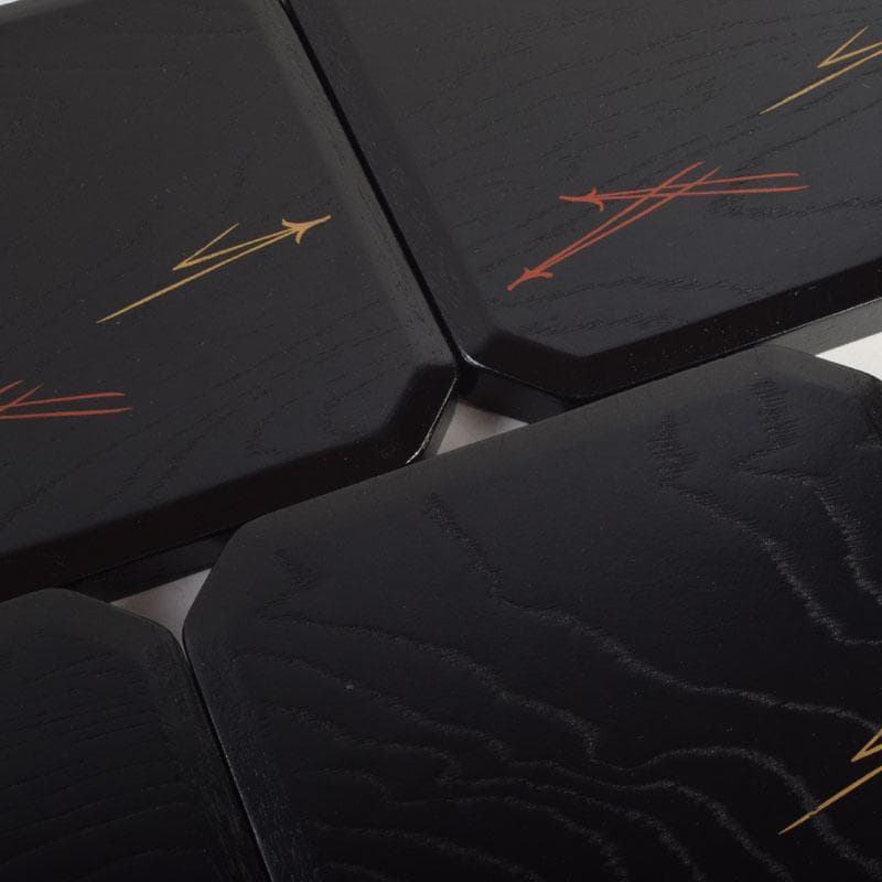 和食器 黒漆 松葉蒔絵 柿合 折曲重箱 5点 C 8625A