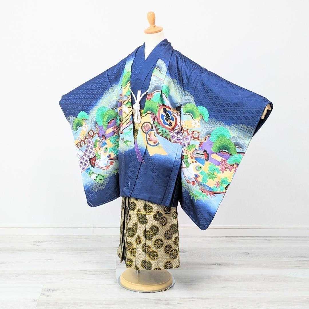 七五三 3歳 男の子 男児 着物 羽織 袴 セット 紺 鷹 松 金刺繍 3B-2