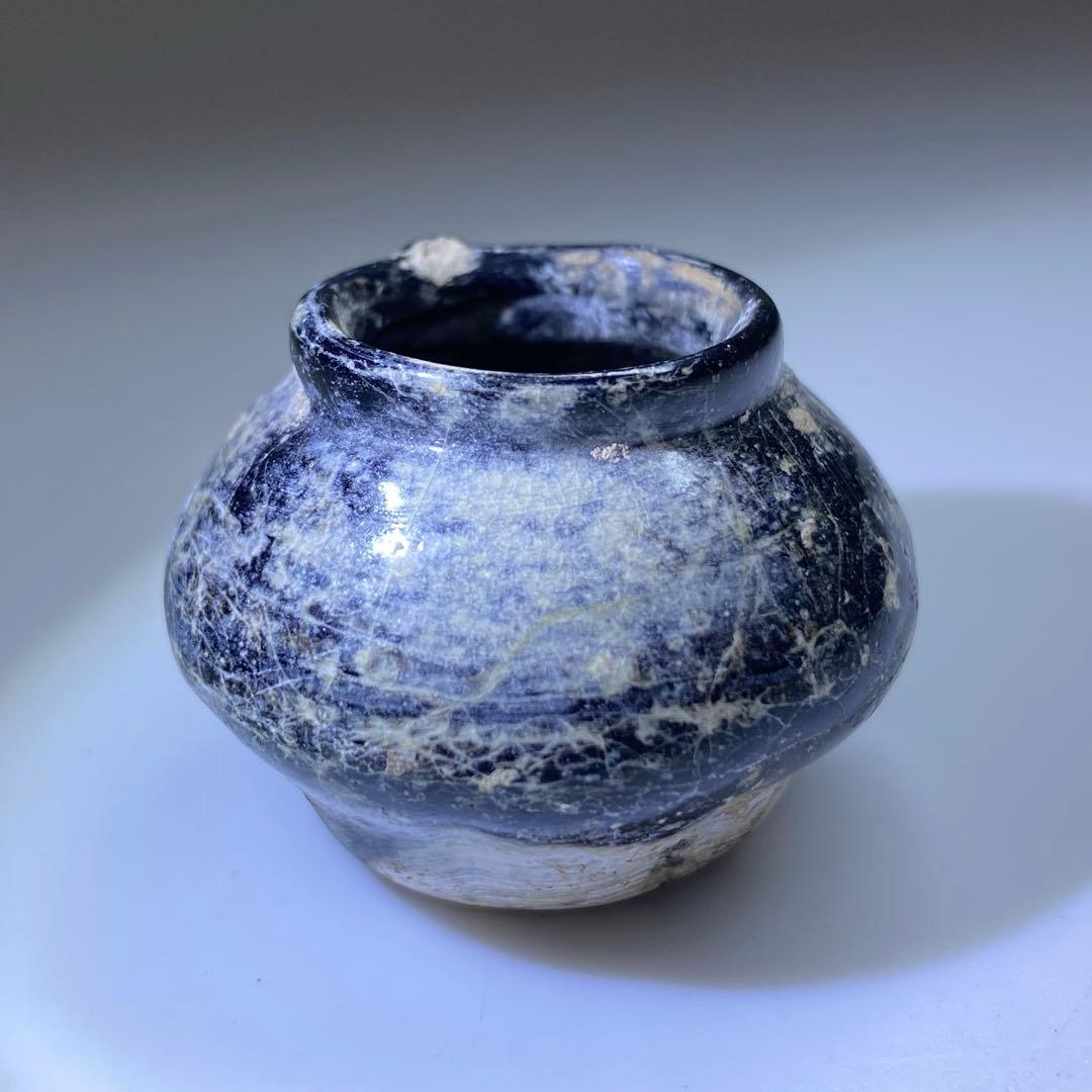 古代ローマングラス 銀化小壺 幅約3.7㎝ 東Y7-0402☆2F