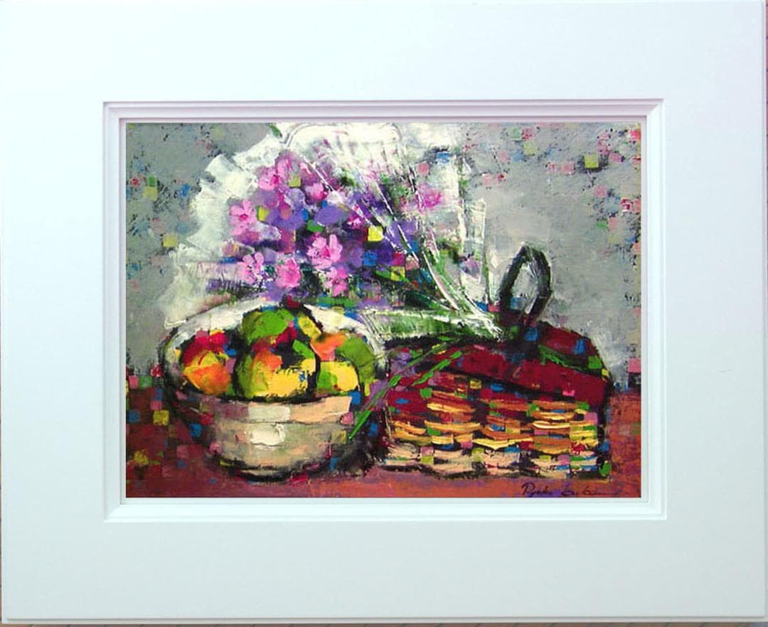 油絵 絵 絵画インテリア 額付(青緑＋金色の枠) uF6-062104 花 果物