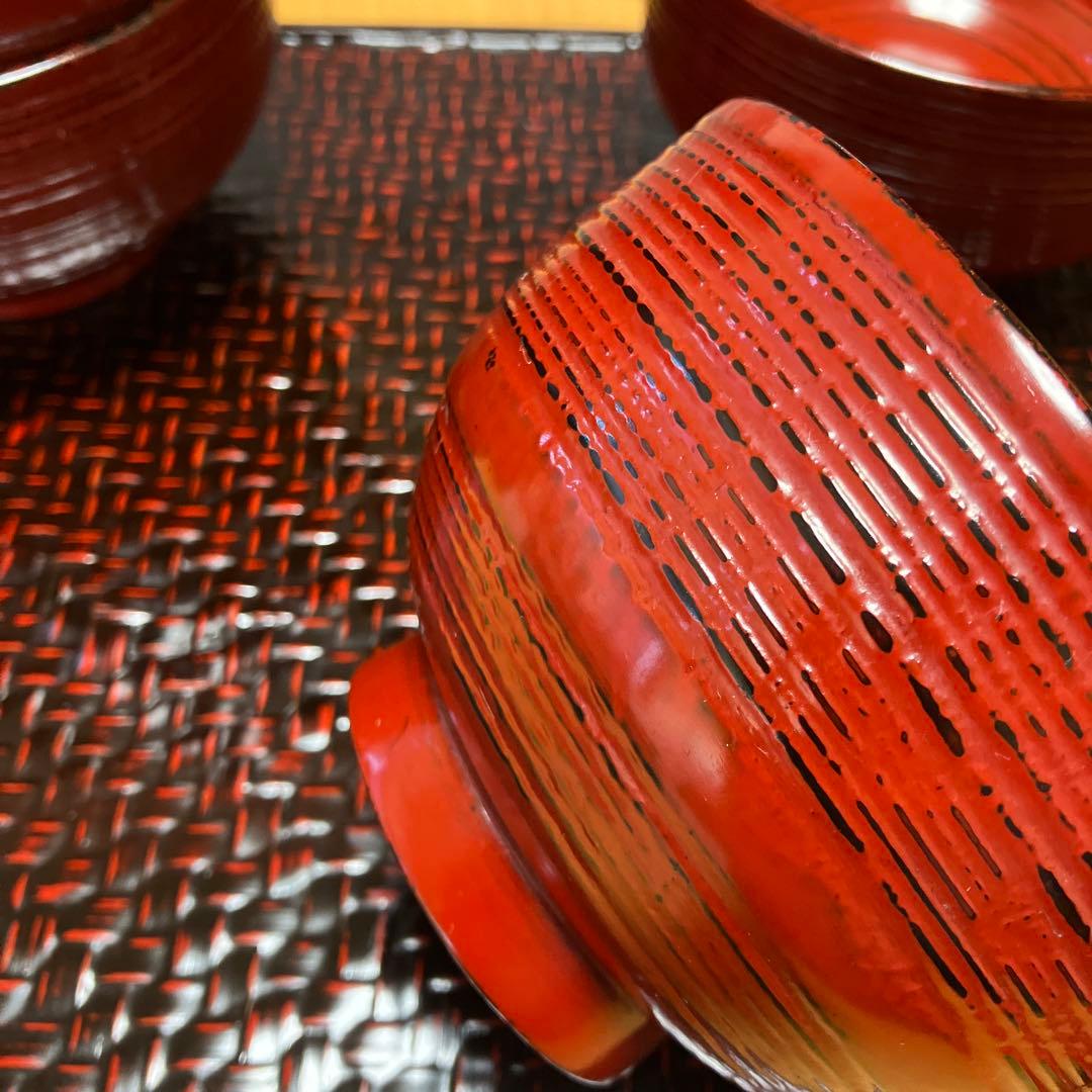 【未使用】天然木　根来塗　朱うるし塗　 平筋どんぶり　丼もの　雑煮椀　お椀　5P