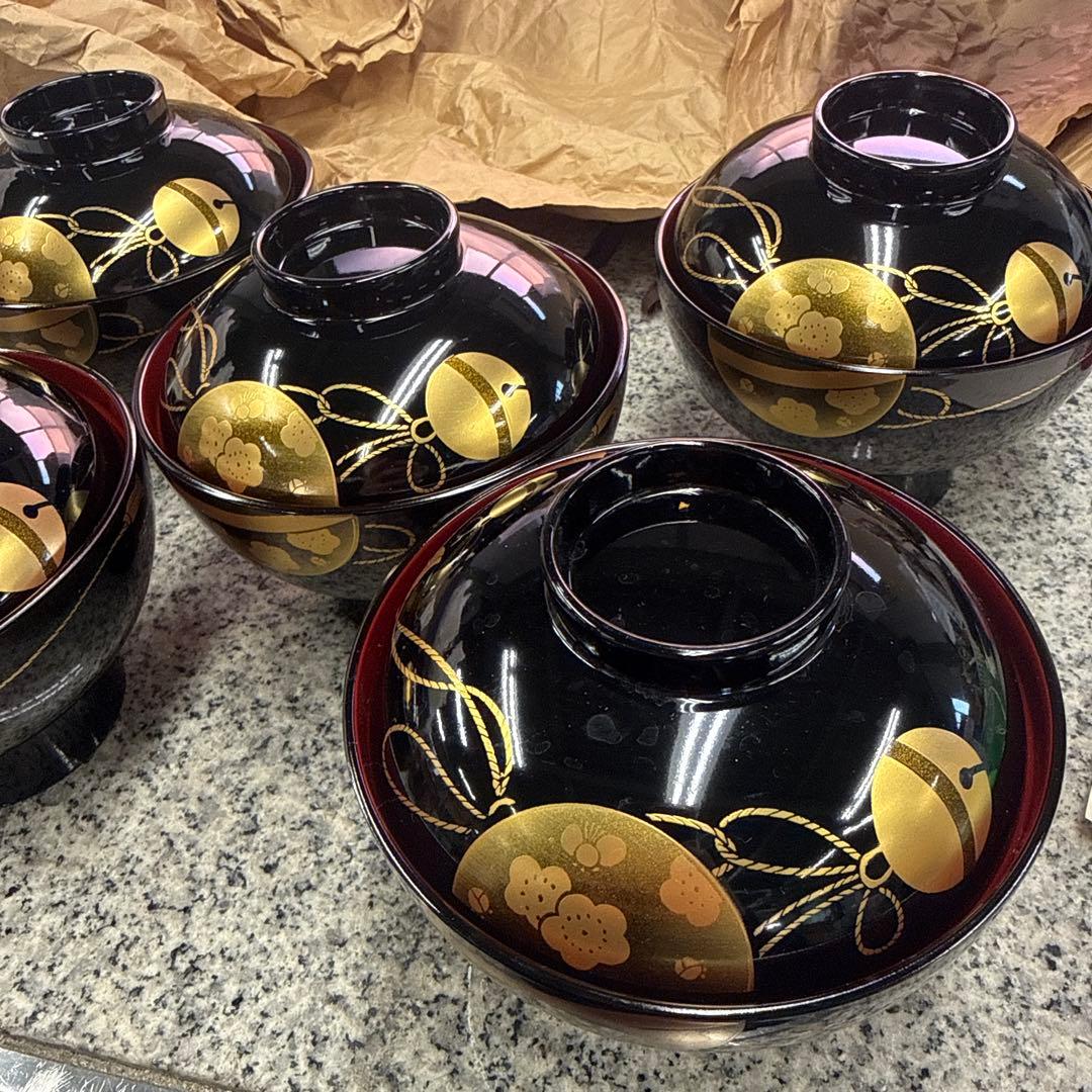 会津塗 金彩蒔絵桜鈴文様 蓋付きお吸物椀 雑煮椀 お椀 5客セット 漆器