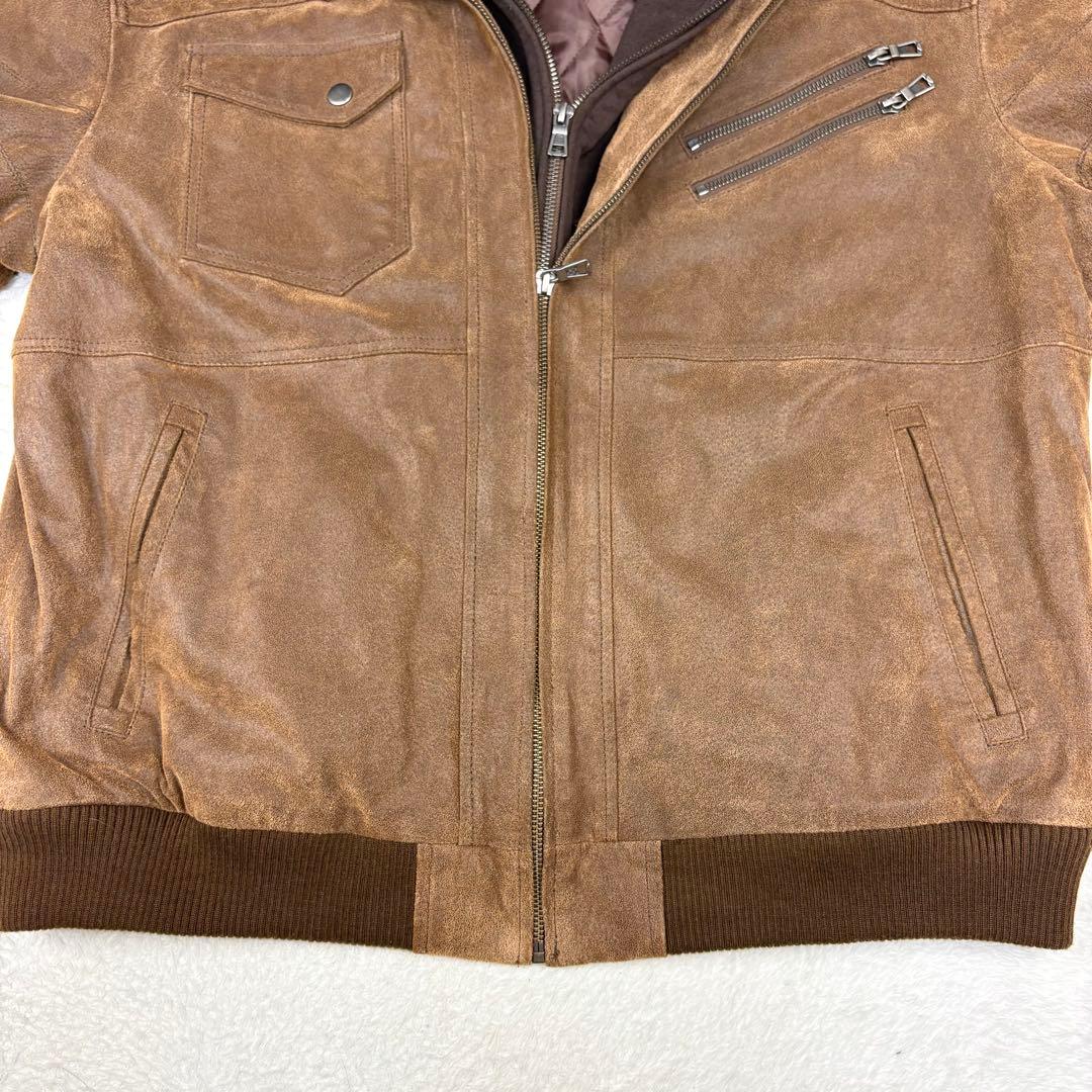 FLAVOR フード付 レザー ボマージャケット ライダースジャケット 茶色