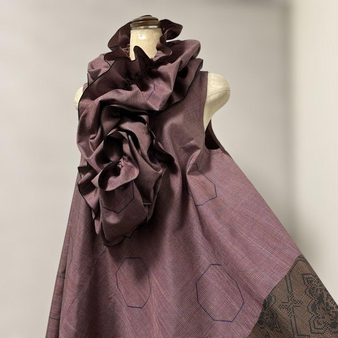 着物ワンピーステントラインマキシ丈《11》大島紬や紬等(7マルキ含)M〜L