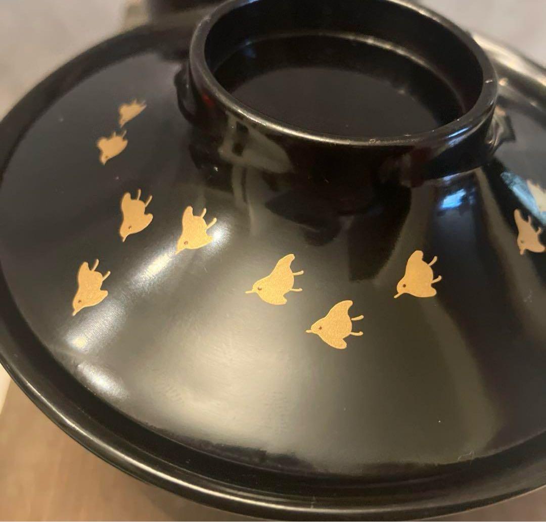 明治時代　金彩の絢爛豪華な千鳥や松、形が美しい木製輪島漆塗りお椀2客