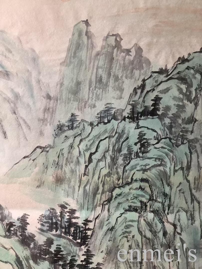 中国古美術・山水四条屏通屏画芯・黄宾虹印款・水墨画・純手描き・文房置物・水印付き