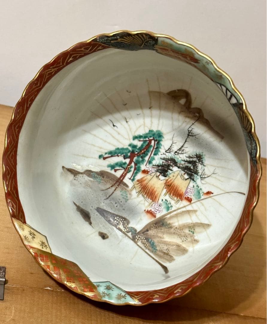 明治骨董鉢 古い重高台の菓子鉢 九谷銘　綺麗な　金彩錦　鶴と松絵　美術 送料無料