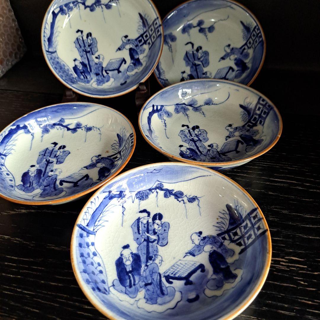 古伊万里　成化年製　小鉢 極上　人物囲碁図　縁朱 五客揃