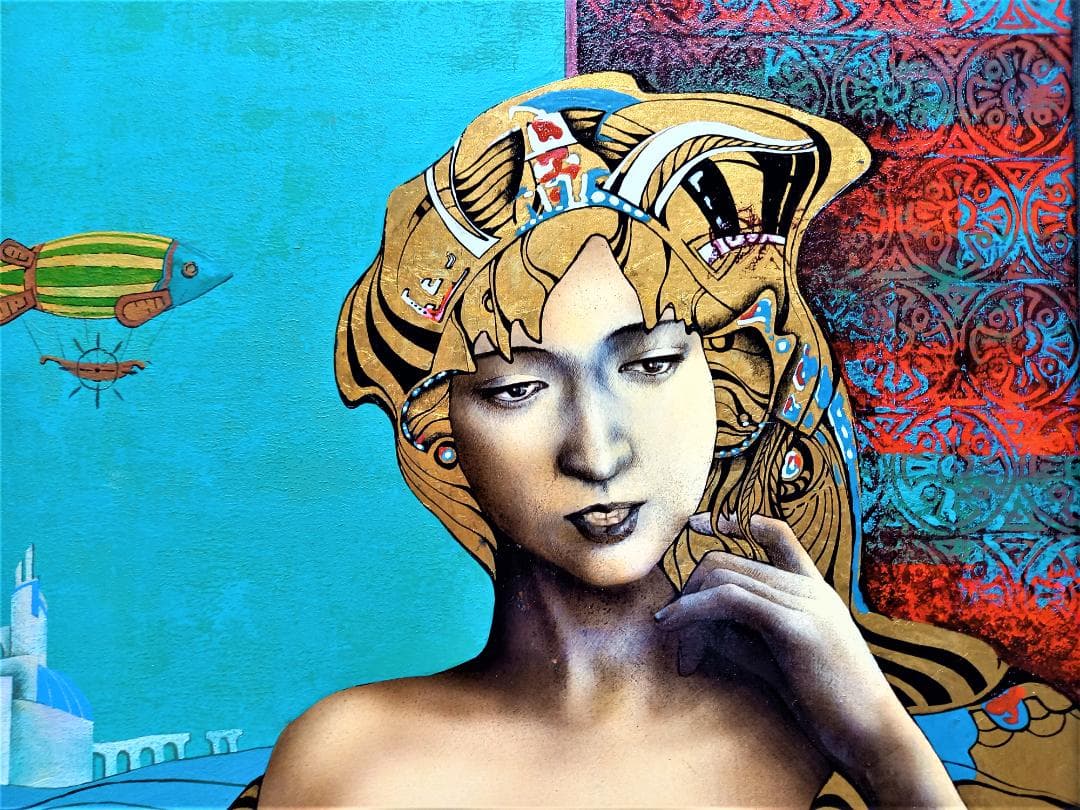 作者不詳　仮タイトル「ドレスを着た婦人図」Ｆ8号油彩画金が使われた豪華装飾　額装