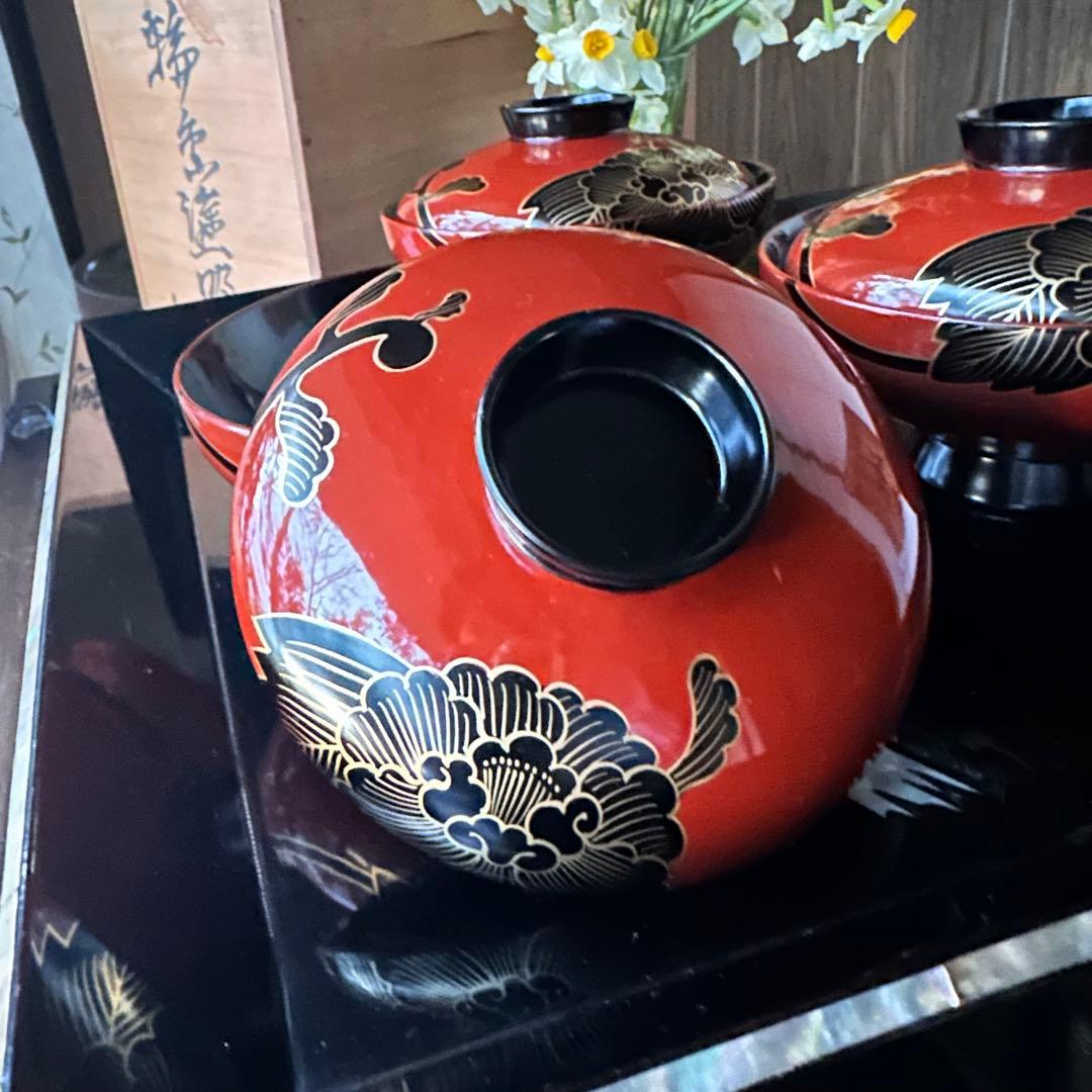 2208様感謝‼️洗朱❌黒JAPAN輪島蒔絵牡丹　独楽椀天然木本漆特製吸物椀5客