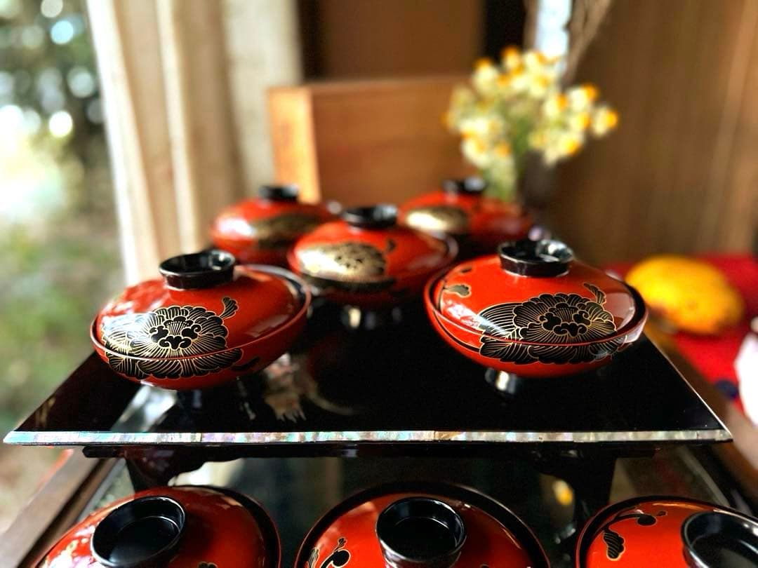 2208様感謝‼️洗朱❌黒JAPAN輪島蒔絵牡丹　独楽椀天然木本漆特製吸物椀5客