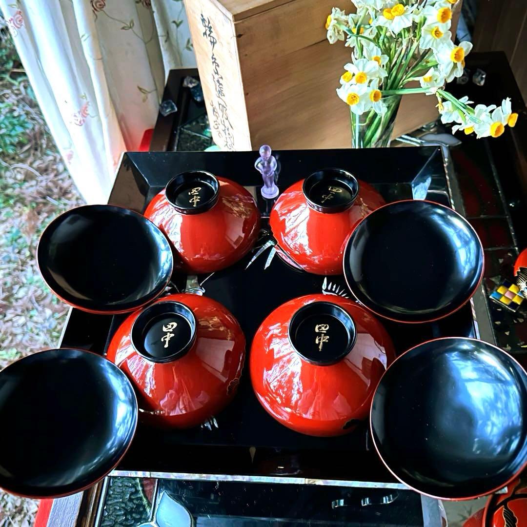 2208様感謝‼️洗朱❌黒JAPAN輪島蒔絵牡丹　独楽椀天然木本漆特製吸物椀5客