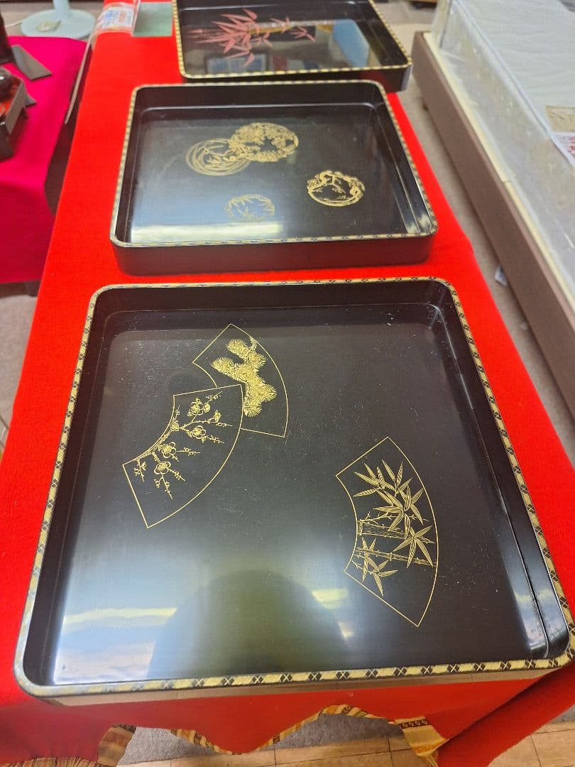 新品!輪島塗祝盆　扇面　沈金　アジロ網代付き