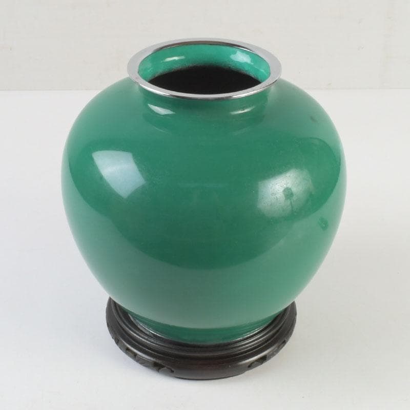 七宝焼　緑釉　花文　花瓶　唐木台付　共箱　V　9833A